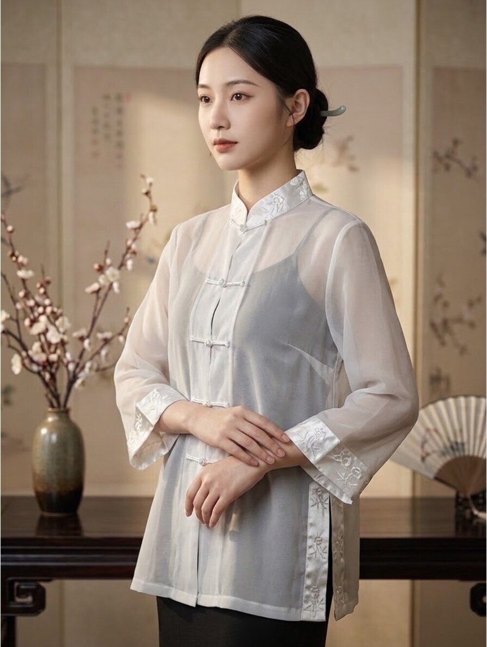 Elegant White Sheer Chinese Style Blouse with Embroidered Satin Trim